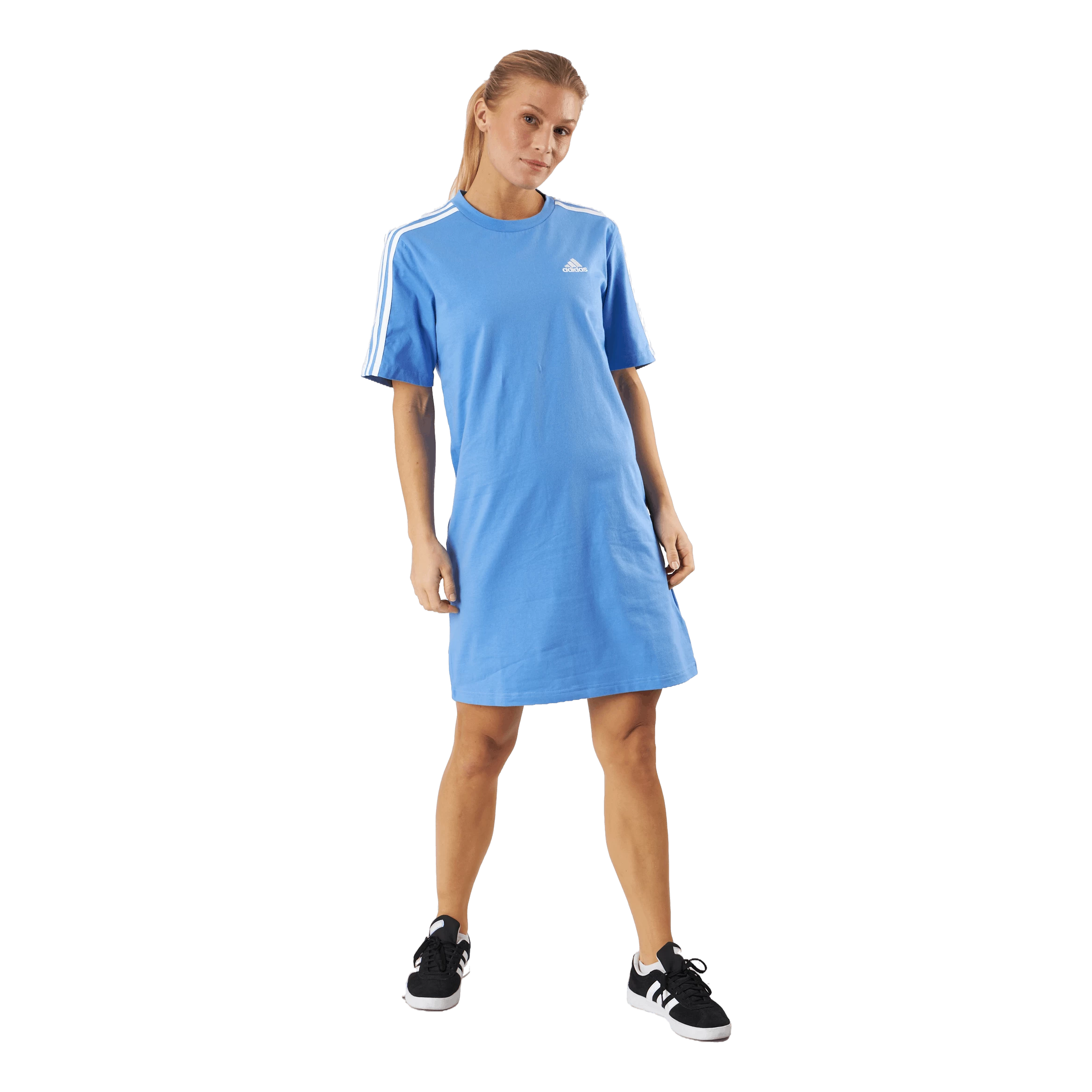 ADIDAS Essentials 3-Stripes Single Jersey Boyfriend Tee Dress Blufus/White 1 ADIDAS Essentials 3-Stripes Single Jersey Boyfriend Tee Dress Blufus/White
